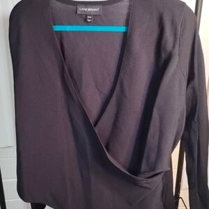 Black nylon ribbed knit front wrap long sleeve sweater
